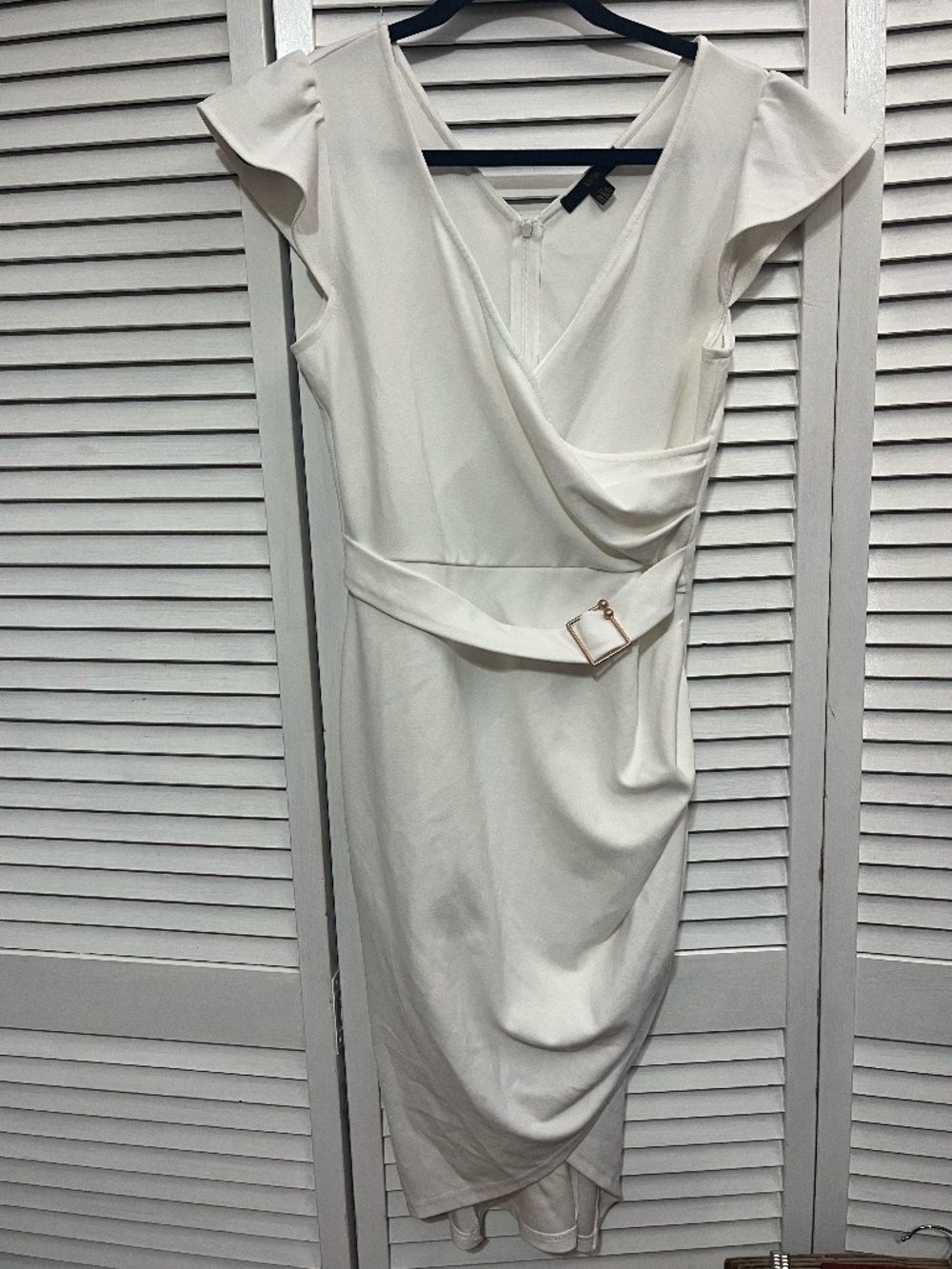 Ivory White Draped Midi Dress with Flutter Sleeves & Gold Buckle